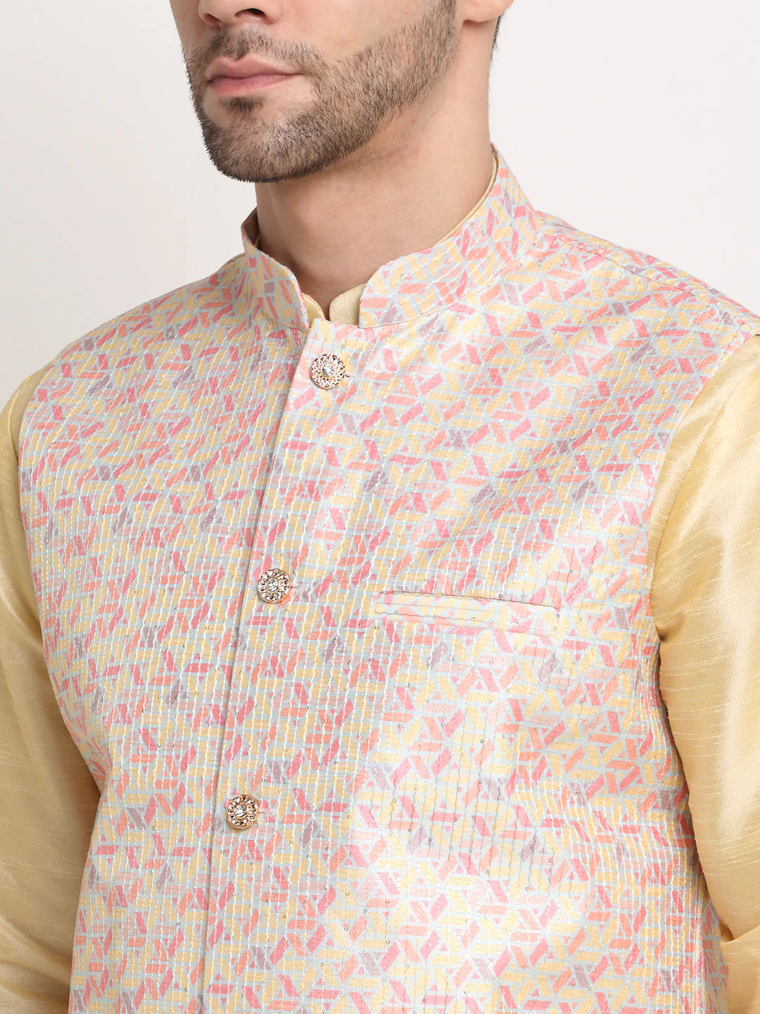 KRAFT INDIA Mens Beige Silk Blend Kurta and churidar with embroided Nehru jacket - Image 12