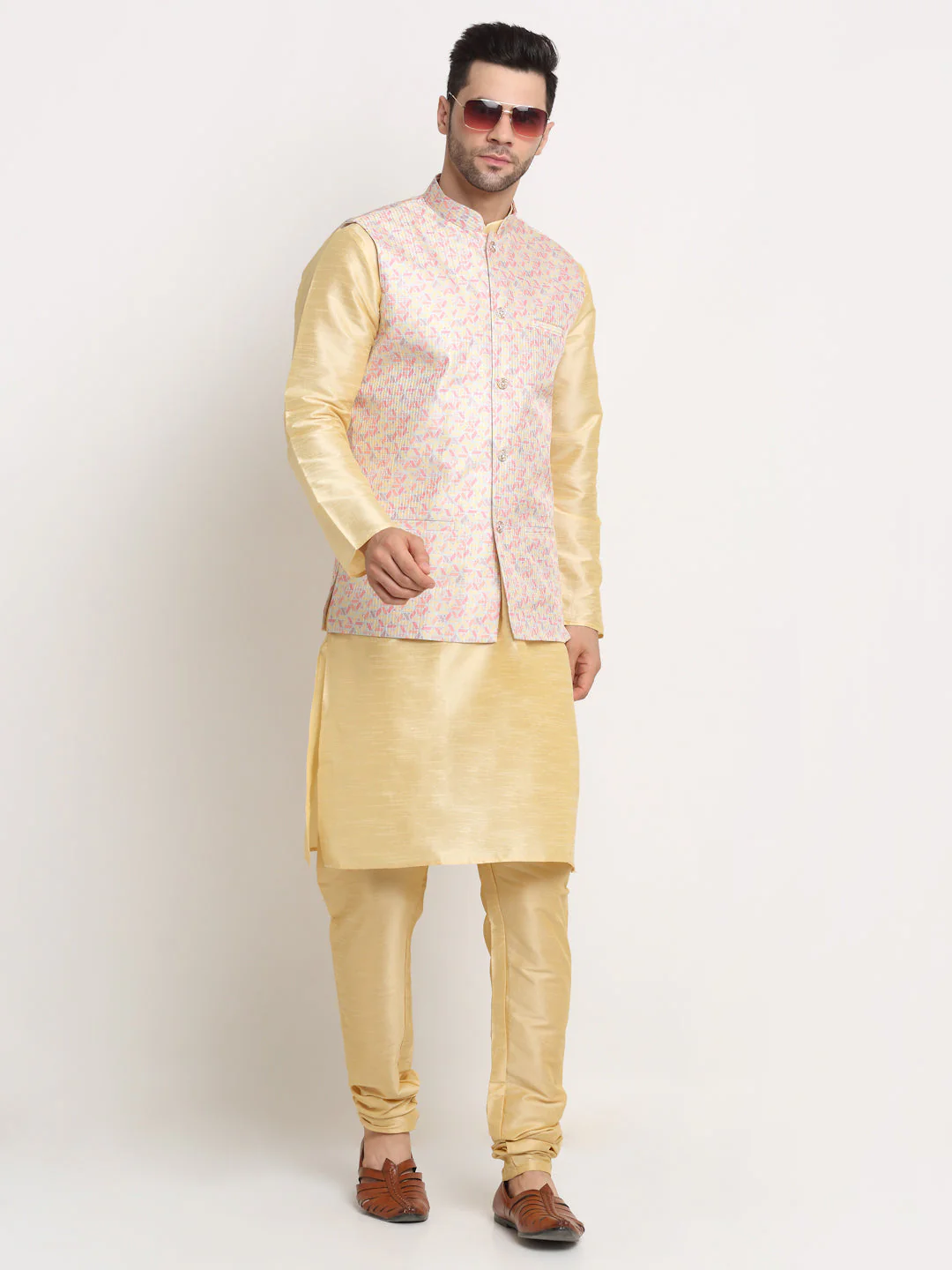 KRAFT INDIA Mens Beige Silk Blend Kurta and churidar with embroided Nehru jacket - Image 13