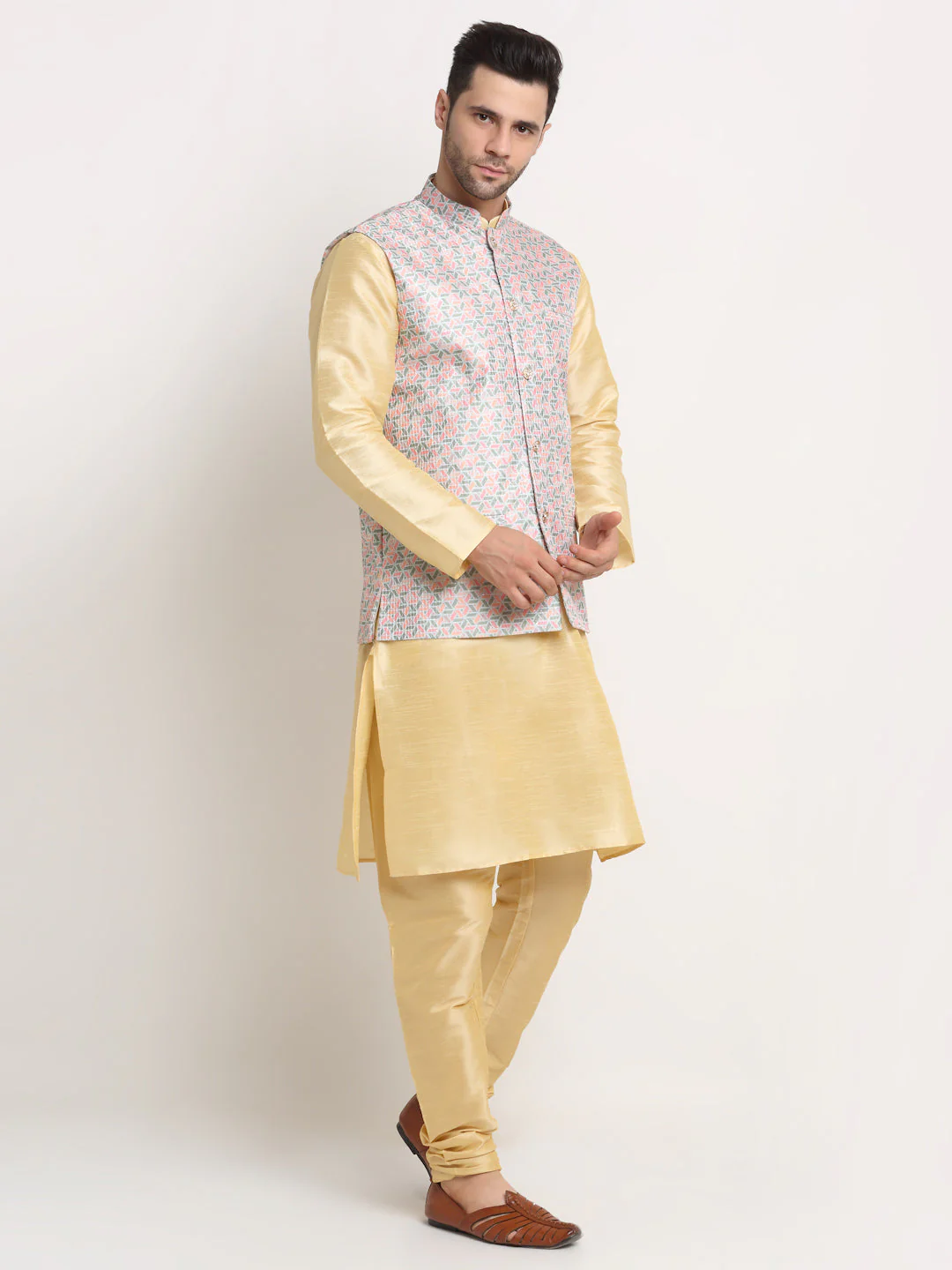KRAFT INDIA Mens Beige Silk Blend Kurta and churidar with embroided Nehru jacket - Image 163