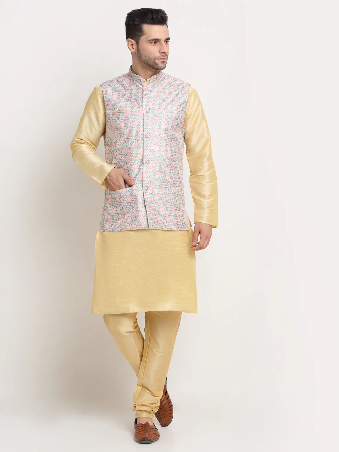 KRAFT INDIA Mens Beige Silk Blend Kurta and churidar with embroided Nehru jacket - Image 3