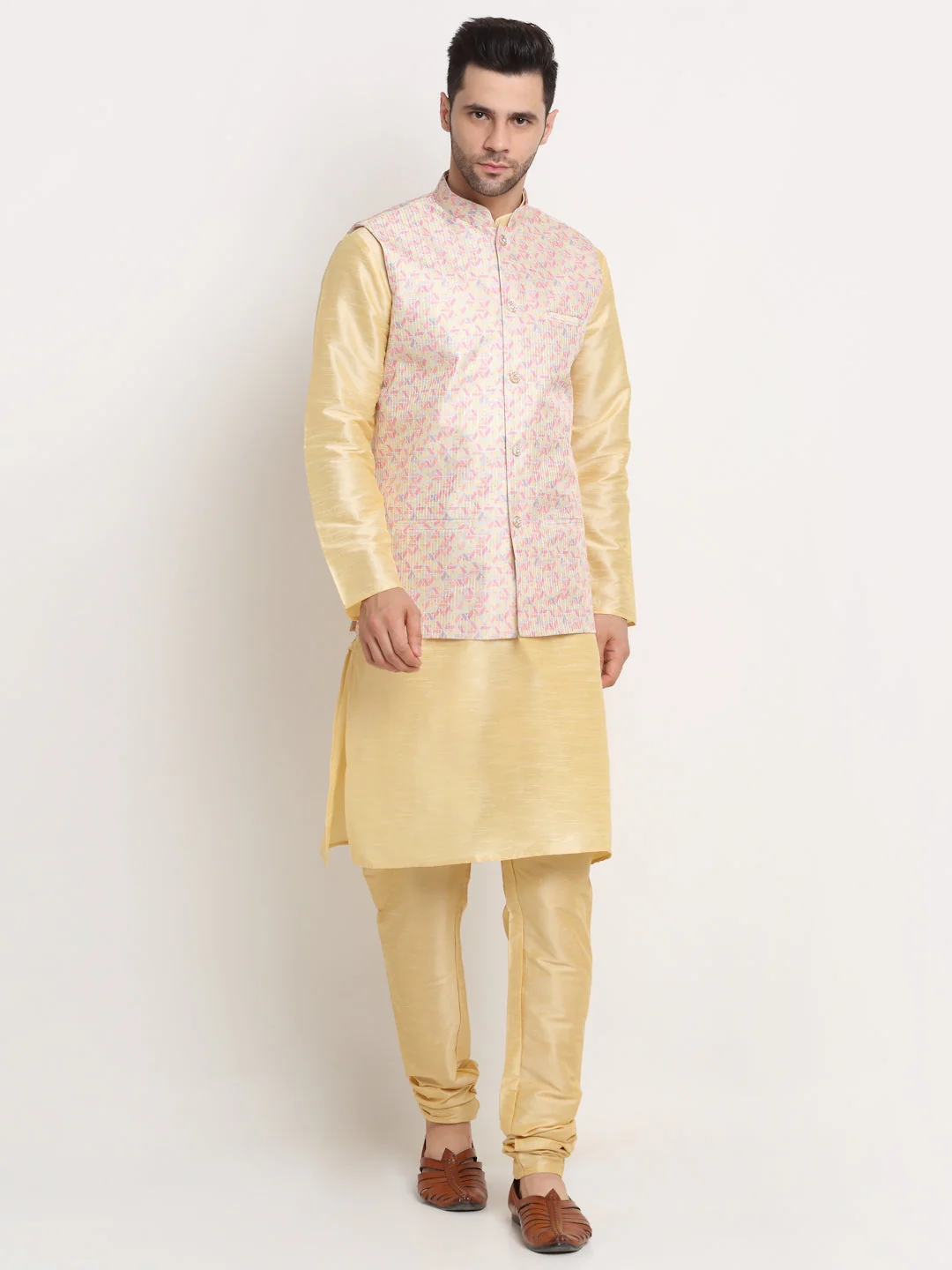 KRAFT INDIA Mens Beige Silk Blend Kurta and churidar with embroided Nehru jacket - Image 43