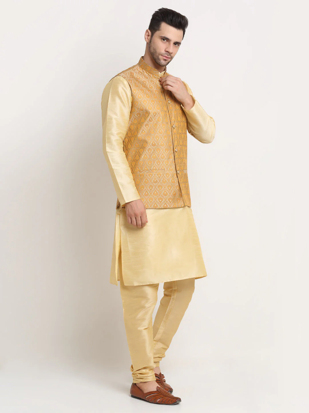 KRAFT INDIA Mens Beige Silk Blend Kurta and churidar with Paisley Nehru jacket - Image 11