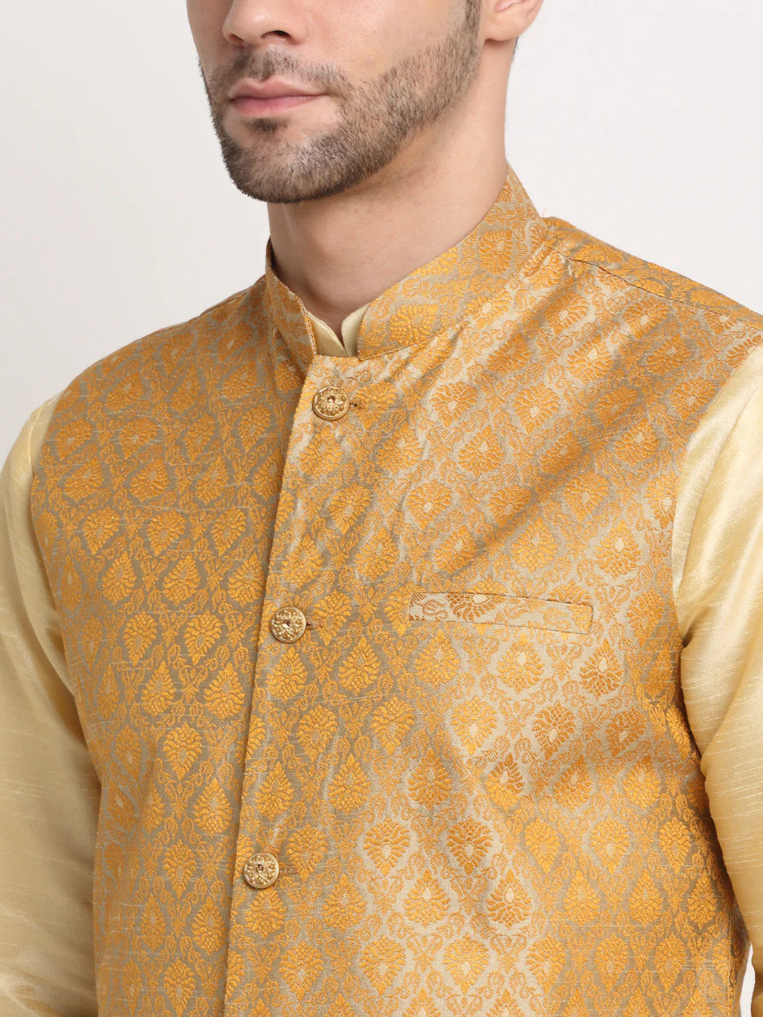 KRAFT INDIA Mens Beige Silk Blend Kurta and churidar with Paisley Nehru jacket - Image 12