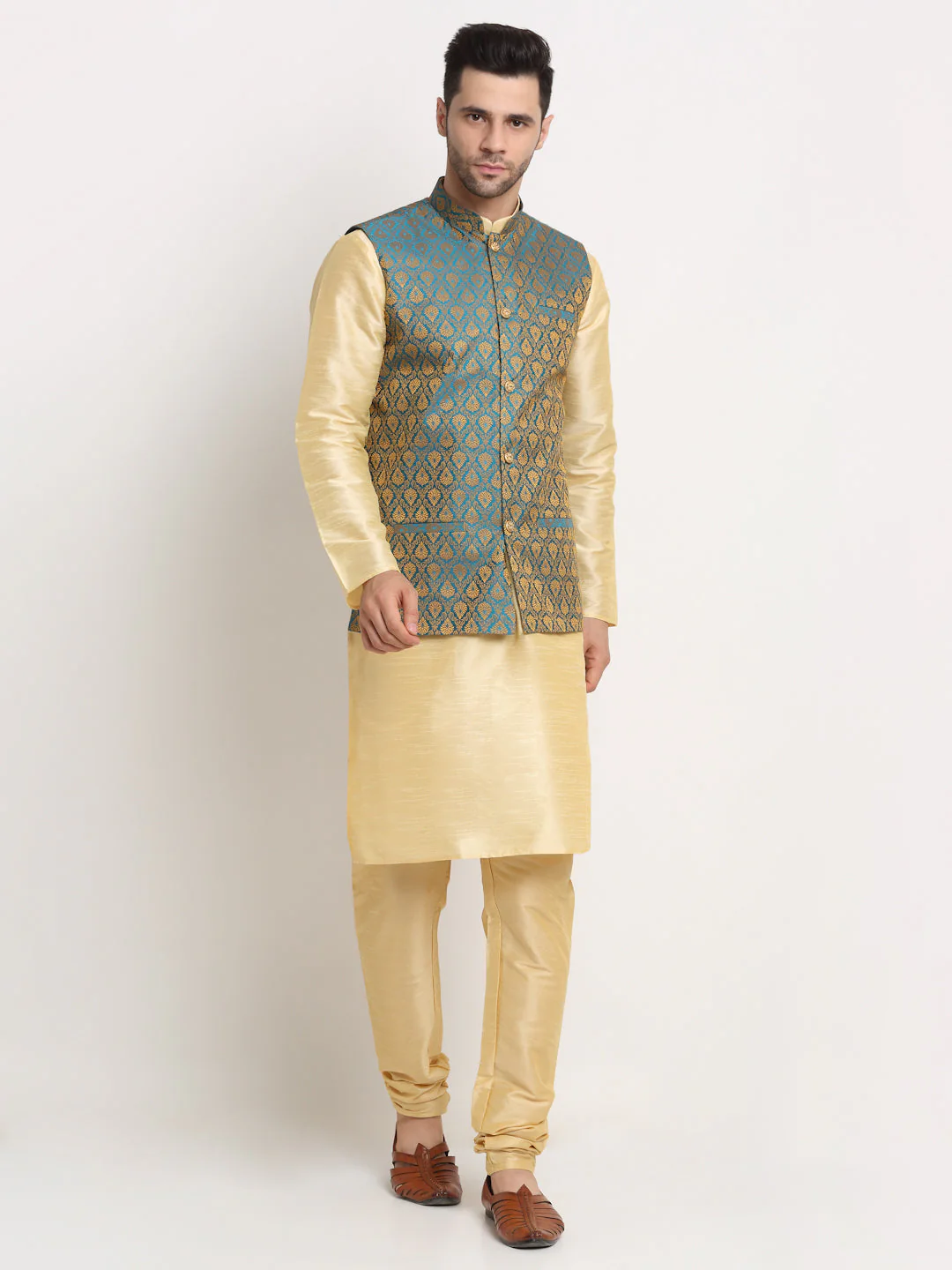 KRAFT INDIA Mens Beige Silk Blend Kurta and churidar with Paisley Nehru jacket - Image 17