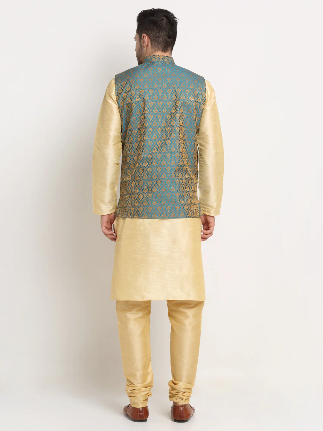 KRAFT INDIA Mens Beige Silk Blend Kurta and churidar with Paisley Nehru jacket - Image 18