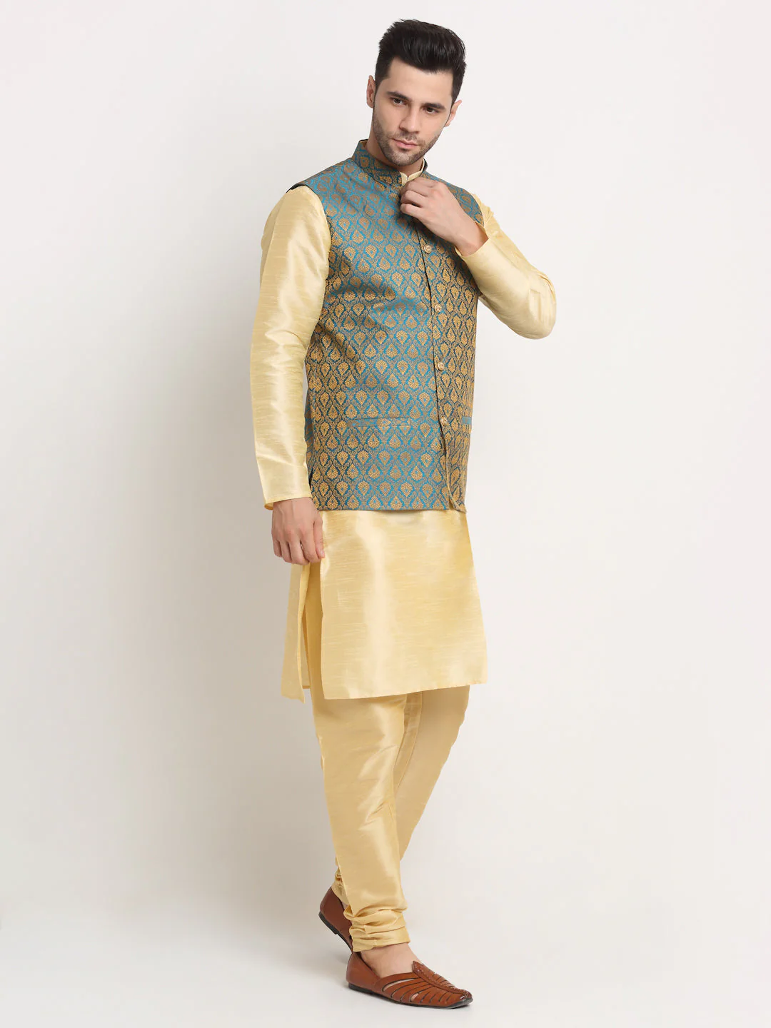 KRAFT INDIA Mens Beige Silk Blend Kurta and churidar with Paisley Nehru jacket - Image 19