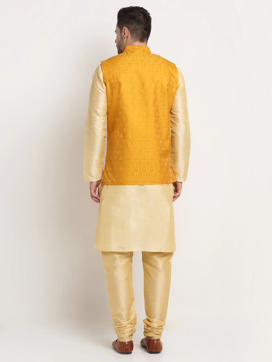 KRAFT INDIA Mens Beige Silk Blend Kurta and churidar with Paisley Nehru jacket - Image 2