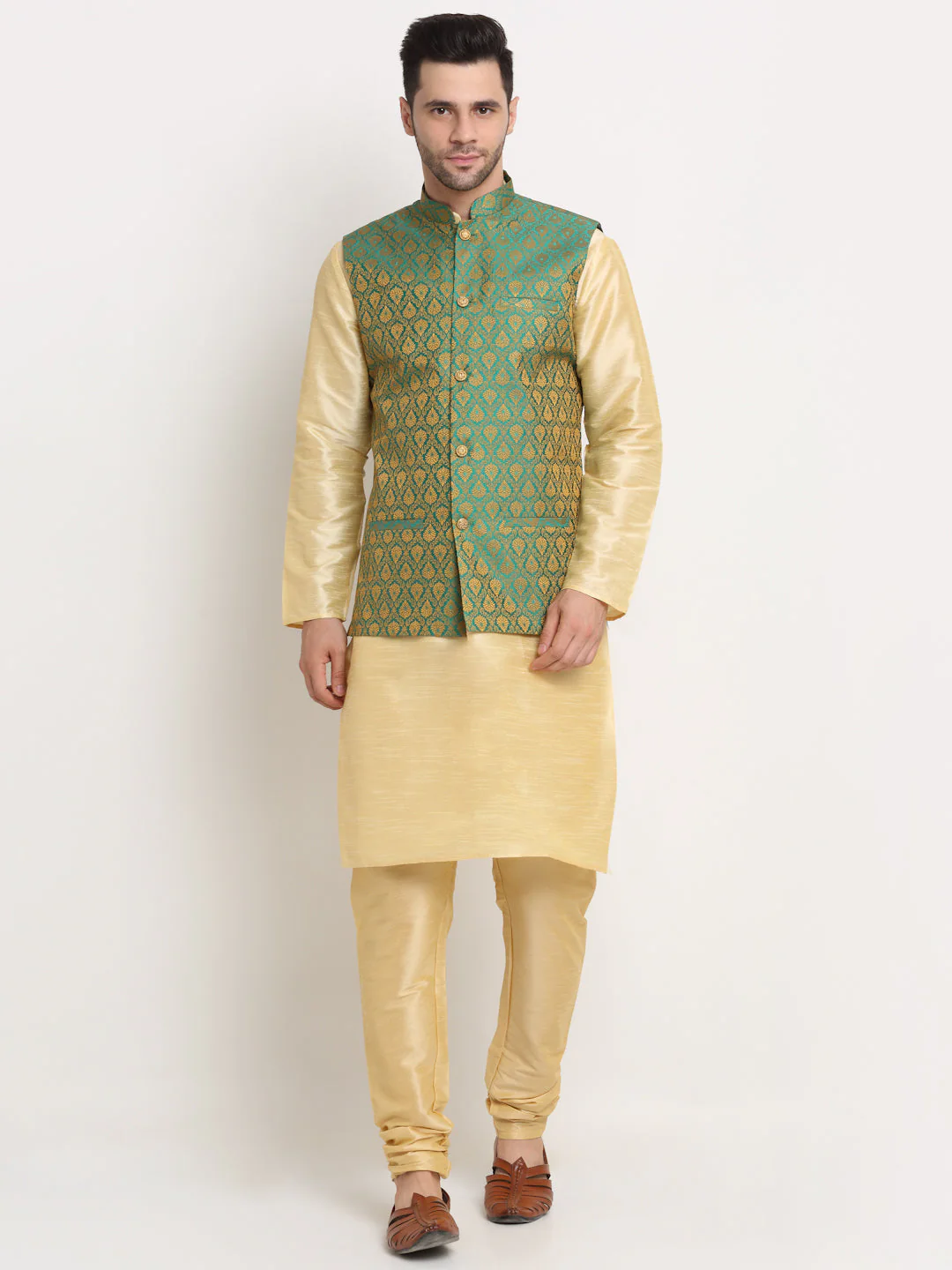 KRAFT INDIA Mens Beige Silk Blend Kurta and churidar with Paisley Nehru jacket - Image 25