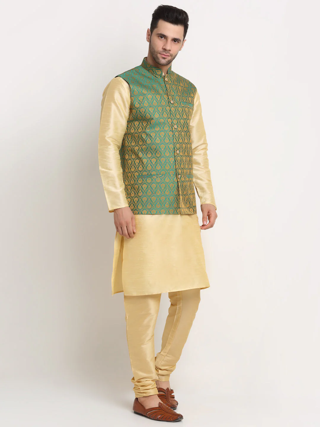 KRAFT INDIA Mens Beige Silk Blend Kurta and churidar with Paisley Nehru jacket - Image 27