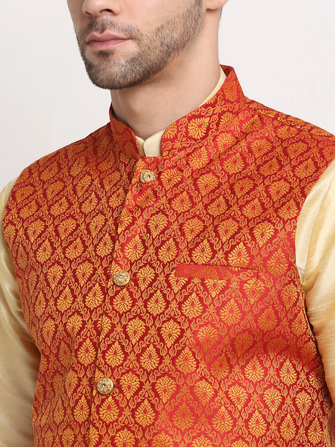 KRAFT INDIA Mens Beige Silk Blend Kurta and churidar with Paisley Nehru jacket - Image 36