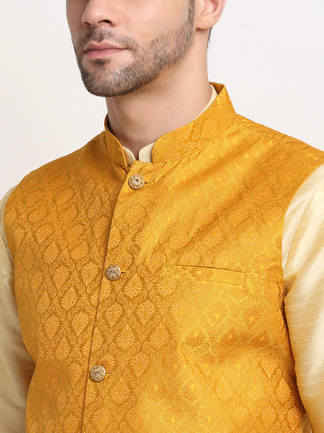 KRAFT INDIA Mens Beige Silk Blend Kurta and churidar with Paisley Nehru jacket - Image 4