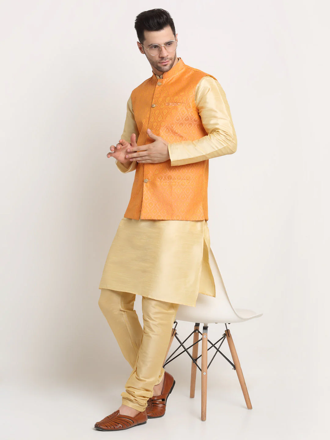 KRAFT INDIA Mens Beige Silk Blend Kurta and churidar with Paisley Nehru jacket - Image 45