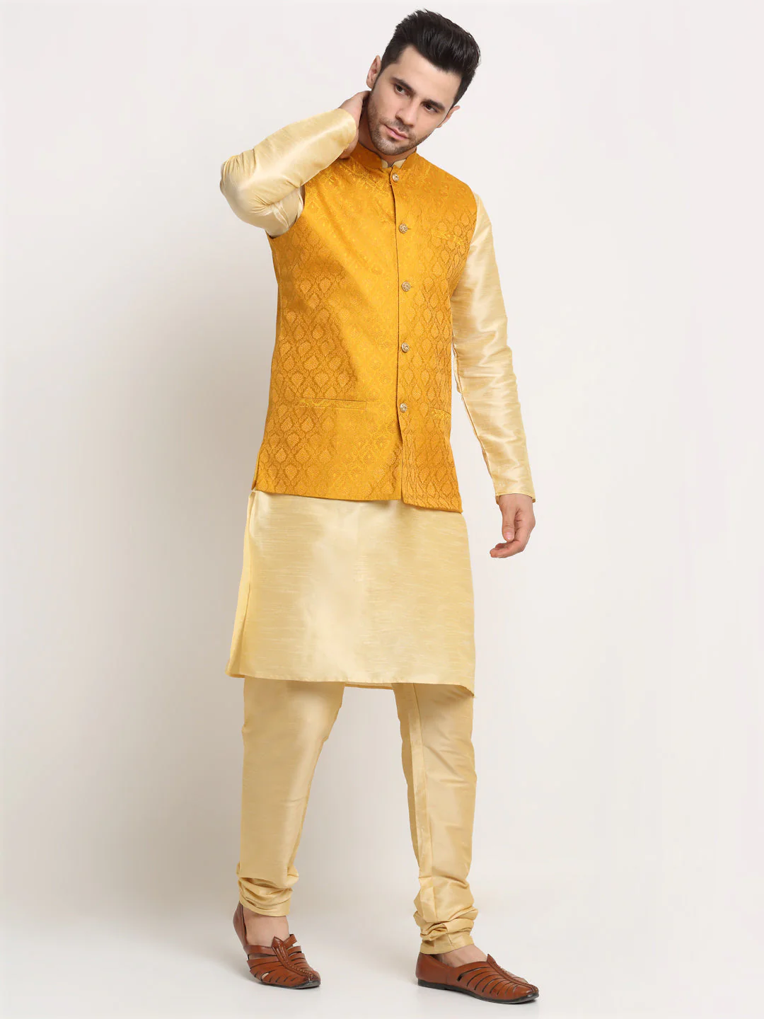 KRAFT INDIA Mens Beige Silk Blend Kurta and churidar with Paisley Nehru jacket - Image 67