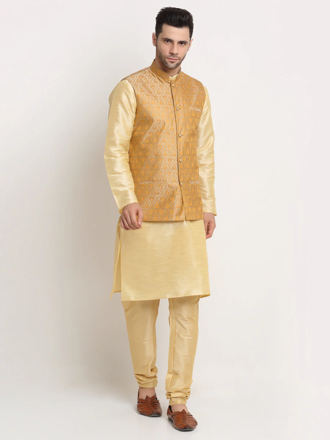 KRAFT INDIA Mens Beige Silk Blend Kurta and churidar with Paisley Nehru jacket - Image 9