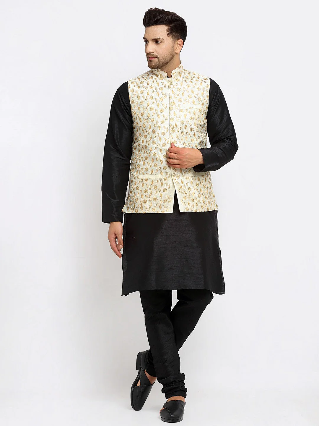 KRAFT INDIA Mens Black Kurta and churidar with embroided Zari Nehru jacket - Image 243