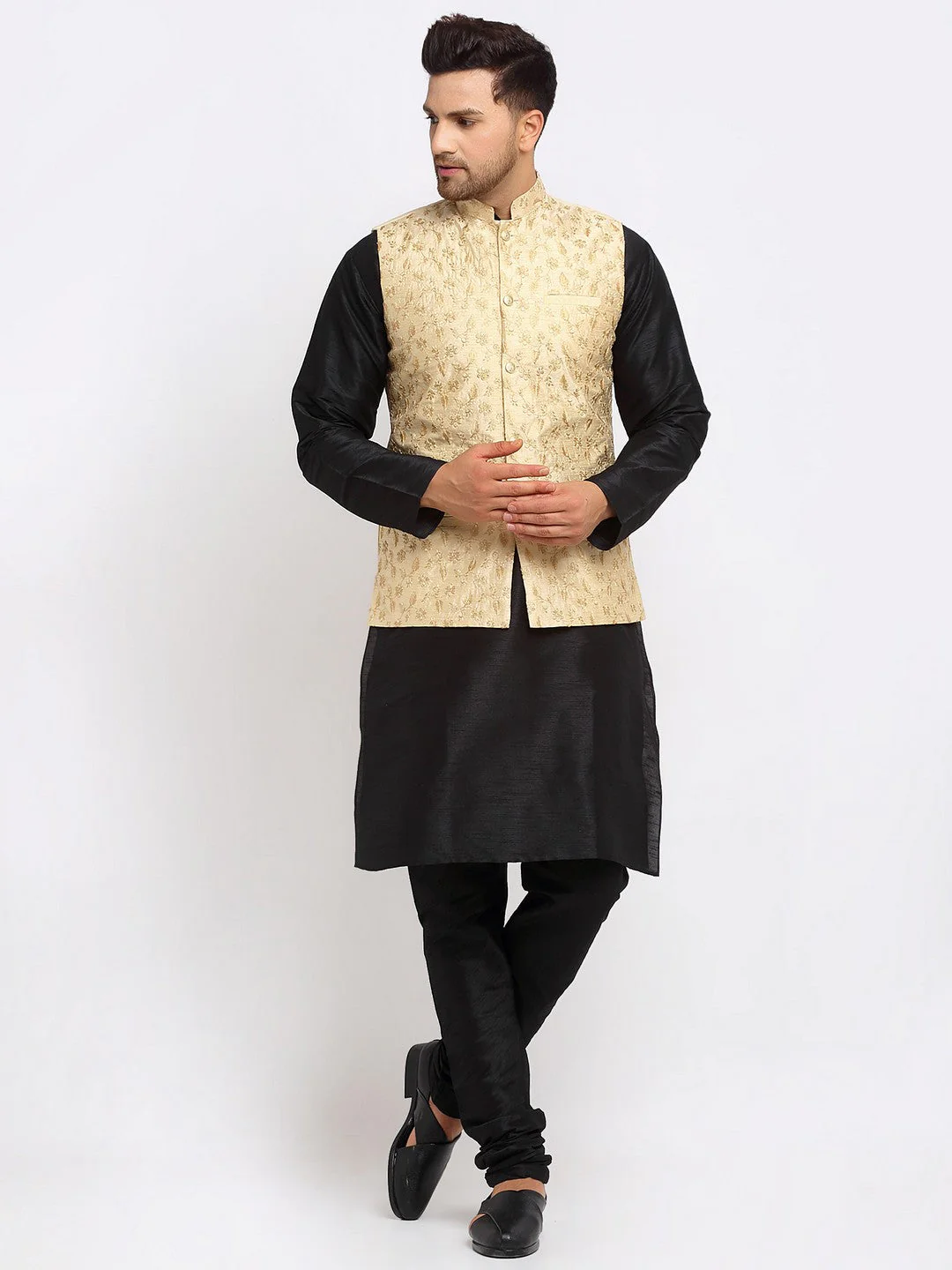 KRAFT INDIA Mens Black Kurta and churidar with embroided Zari Nehru jacket - Image 67