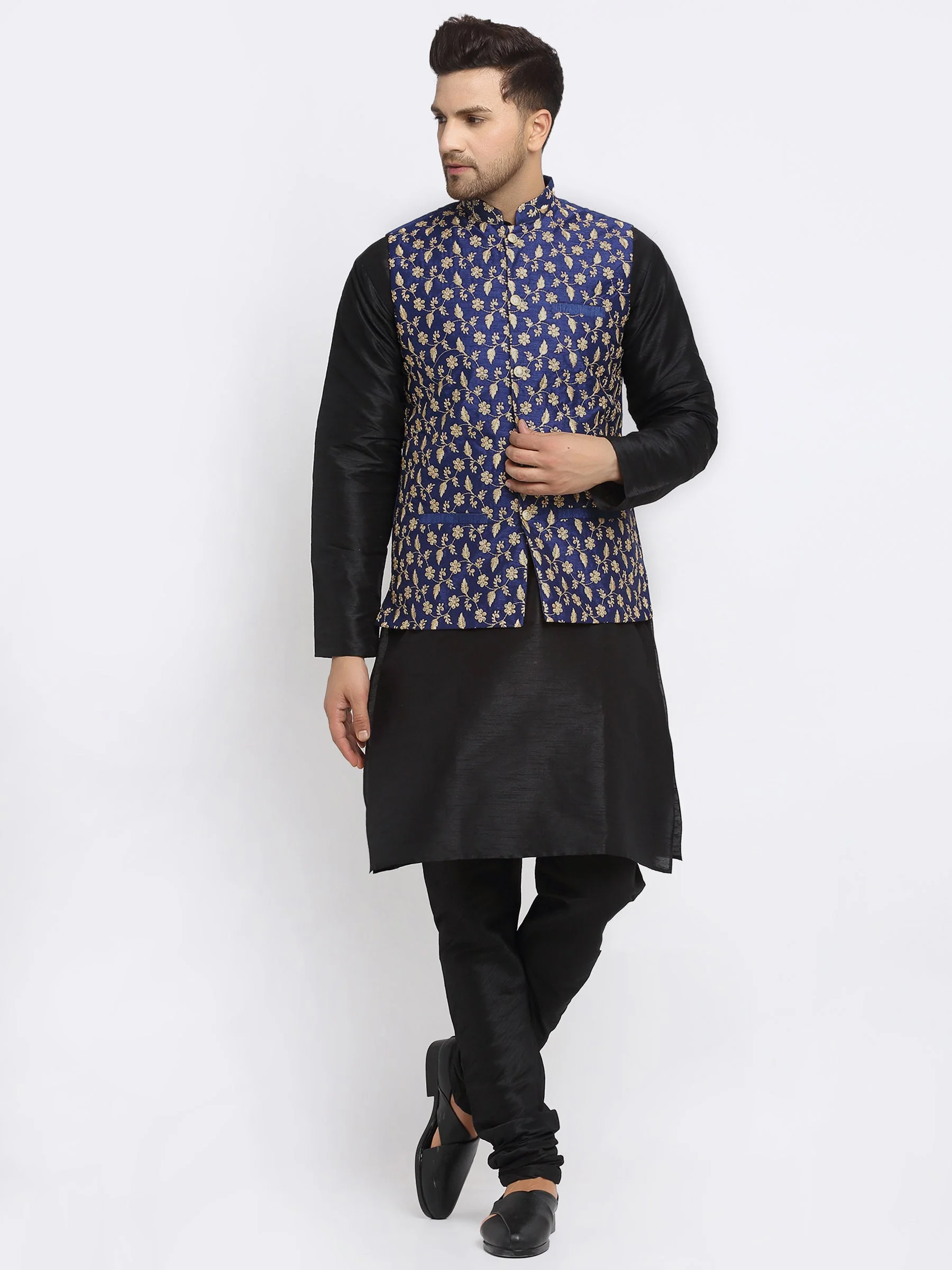 KRAFT INDIA Mens Black Kurta and churidar with embroided Zari Nehru jacket - Image 83