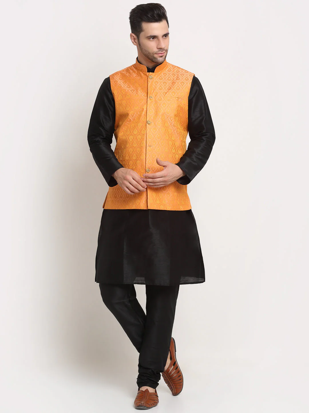 KRAFT INDIA Mens Black Silk Blend Kurta and churidar with Paisley Nehru jacket - Image 137