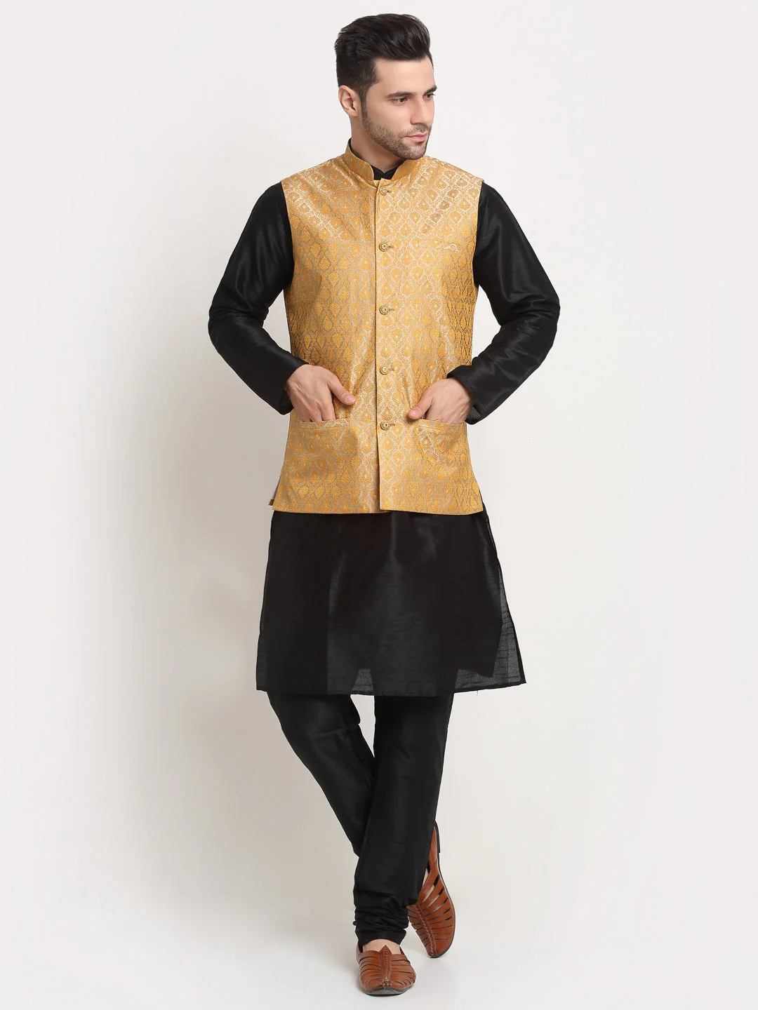KRAFT INDIA Mens Black Silk Blend Kurta and churidar with Paisley Nehru jacket - Image 166