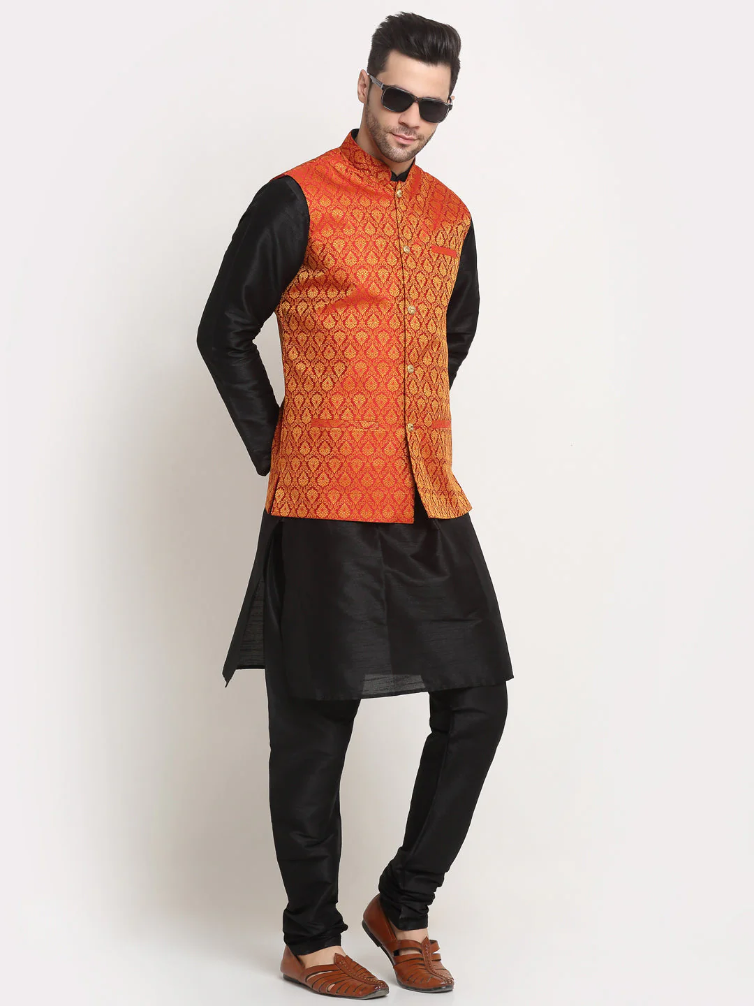 KRAFT INDIA Mens Black Silk Blend Kurta and churidar with Paisley Nehru jacket - Image 21