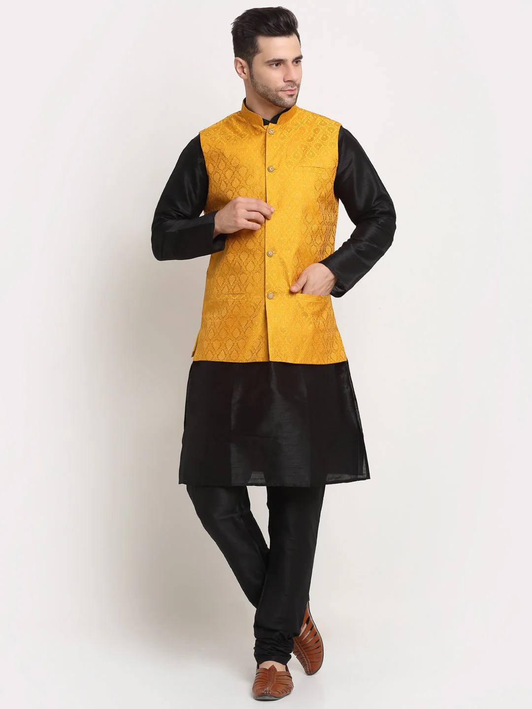 KRAFT INDIA Mens Black Silk Blend Kurta and churidar with Paisley Nehru jacket - Image 228