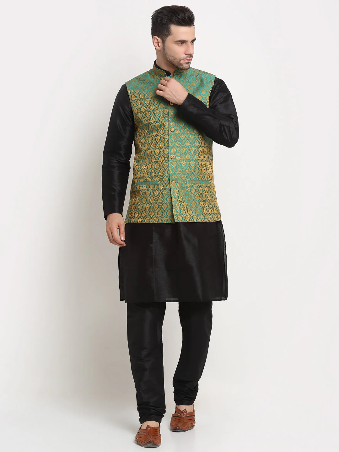 KRAFT INDIA Mens Black Silk Blend Kurta and churidar with Paisley Nehru jacket - Image 234
