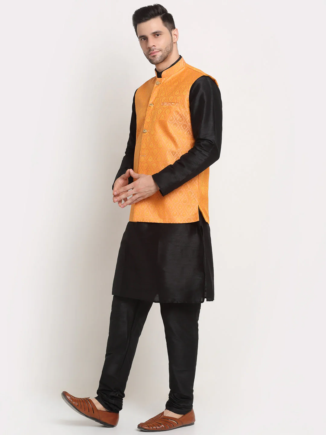 KRAFT INDIA Mens Black Silk Blend Kurta and churidar with Paisley Nehru jacket - Image 35