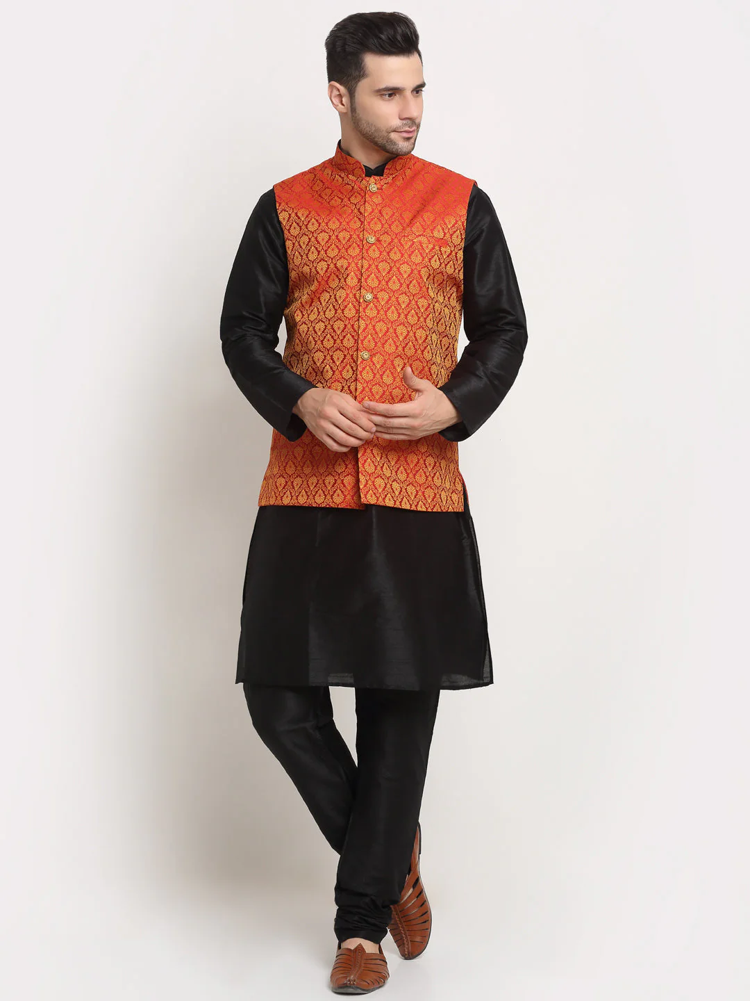 KRAFT INDIA Mens Black Silk Blend Kurta and churidar with Paisley Nehru jacket - Image 77