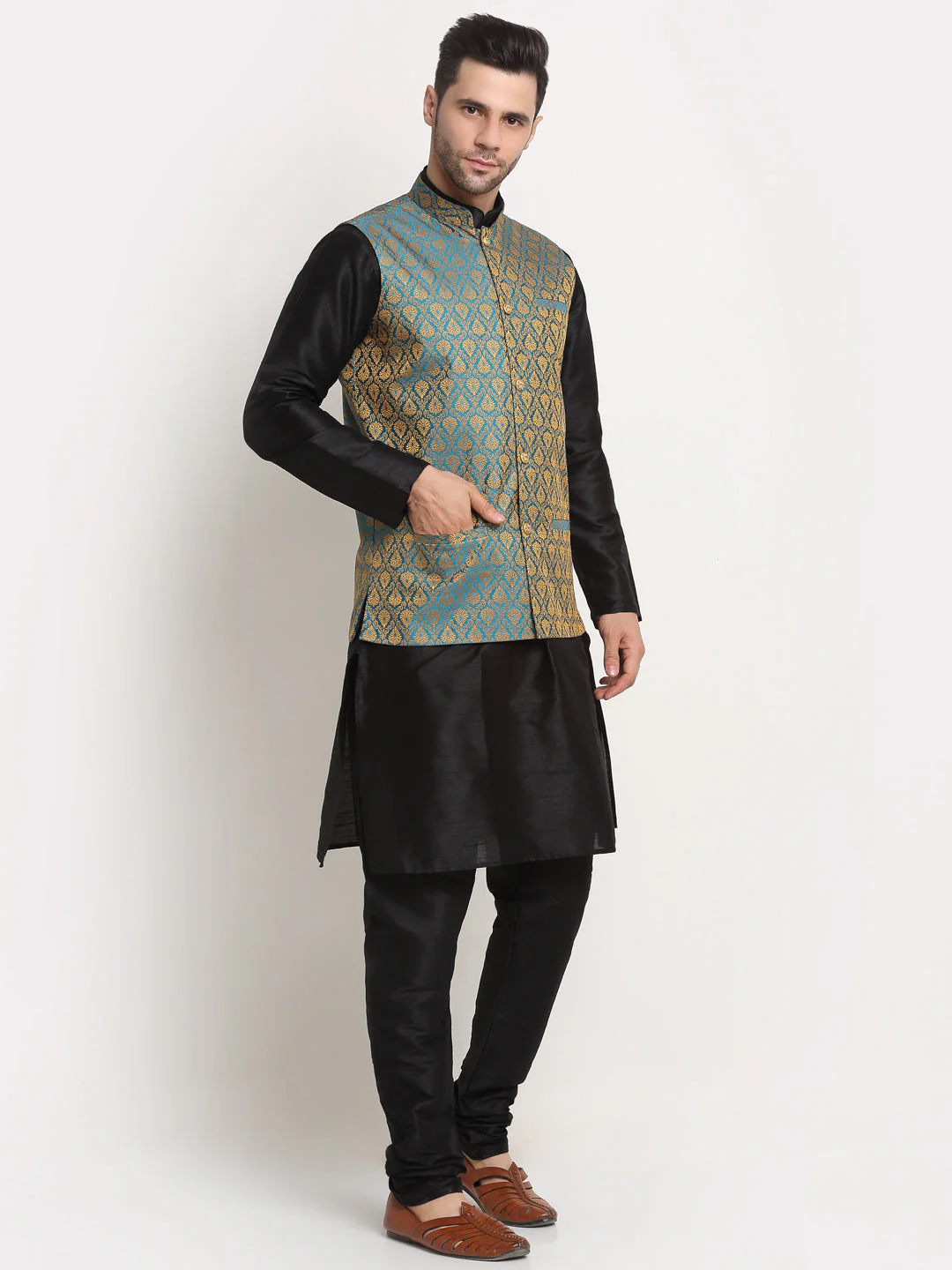 KRAFT INDIA Mens Black Silk Blend Kurta and churidar with Paisley Nehru jacket - Image 80