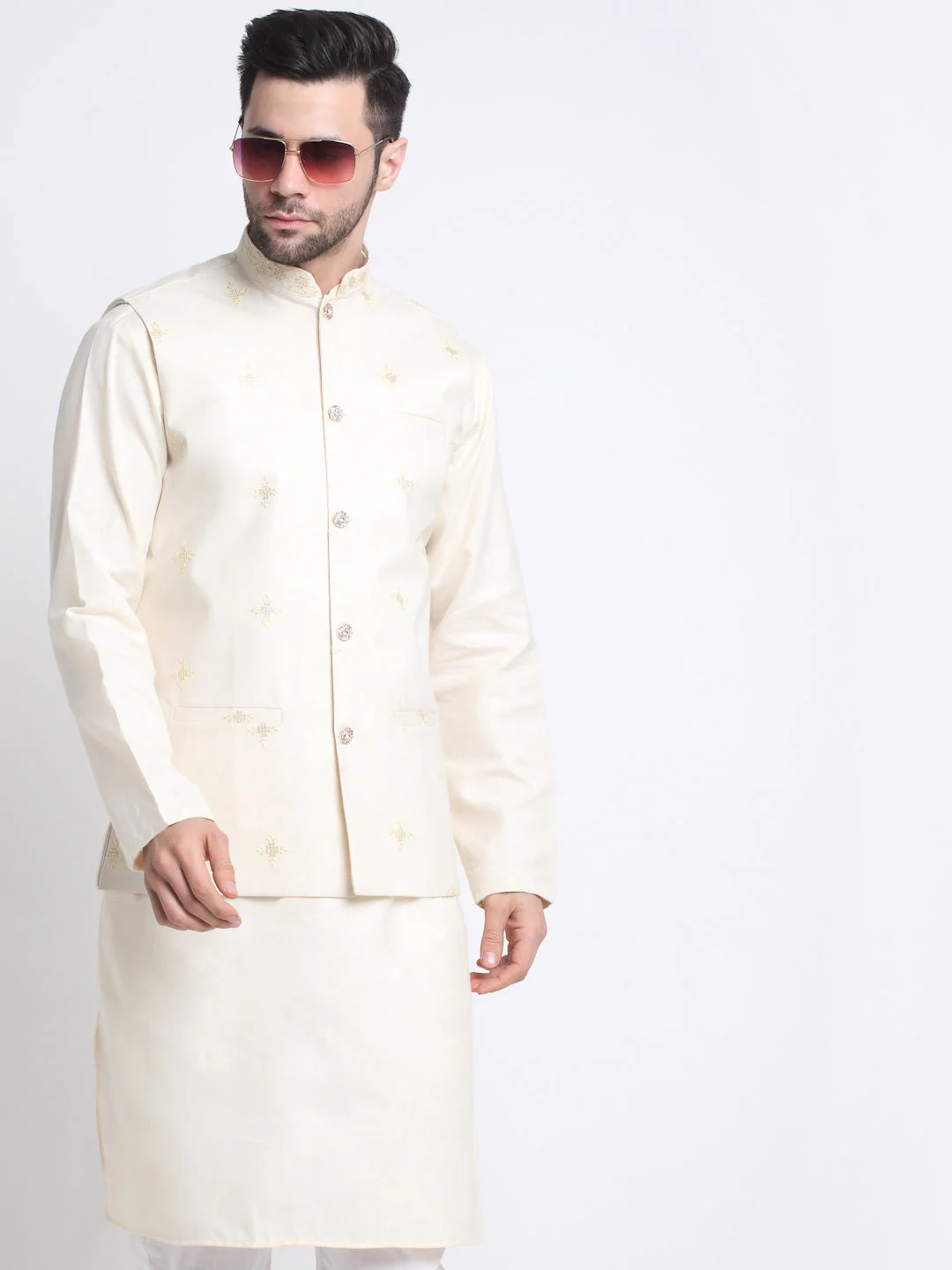 KRAFT INDIA Men's Cotton Blend Solid Kurta and White Elastic Waistband Pyjama With Cotton Embroided Sequenced Nehru Jacket - Image 10
