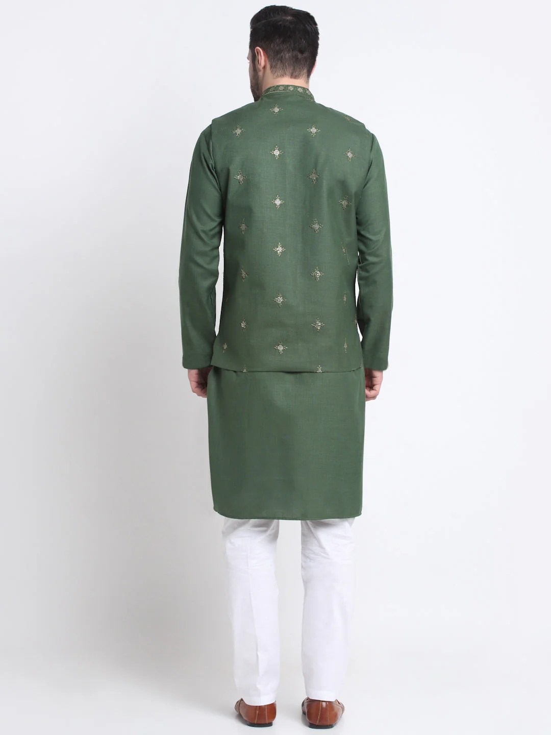 KRAFT INDIA Men's Cotton Blend Solid Kurta and White Elastic Waistband Pyjama With Cotton Embroided Sequenced Nehru Jacket - Image 12