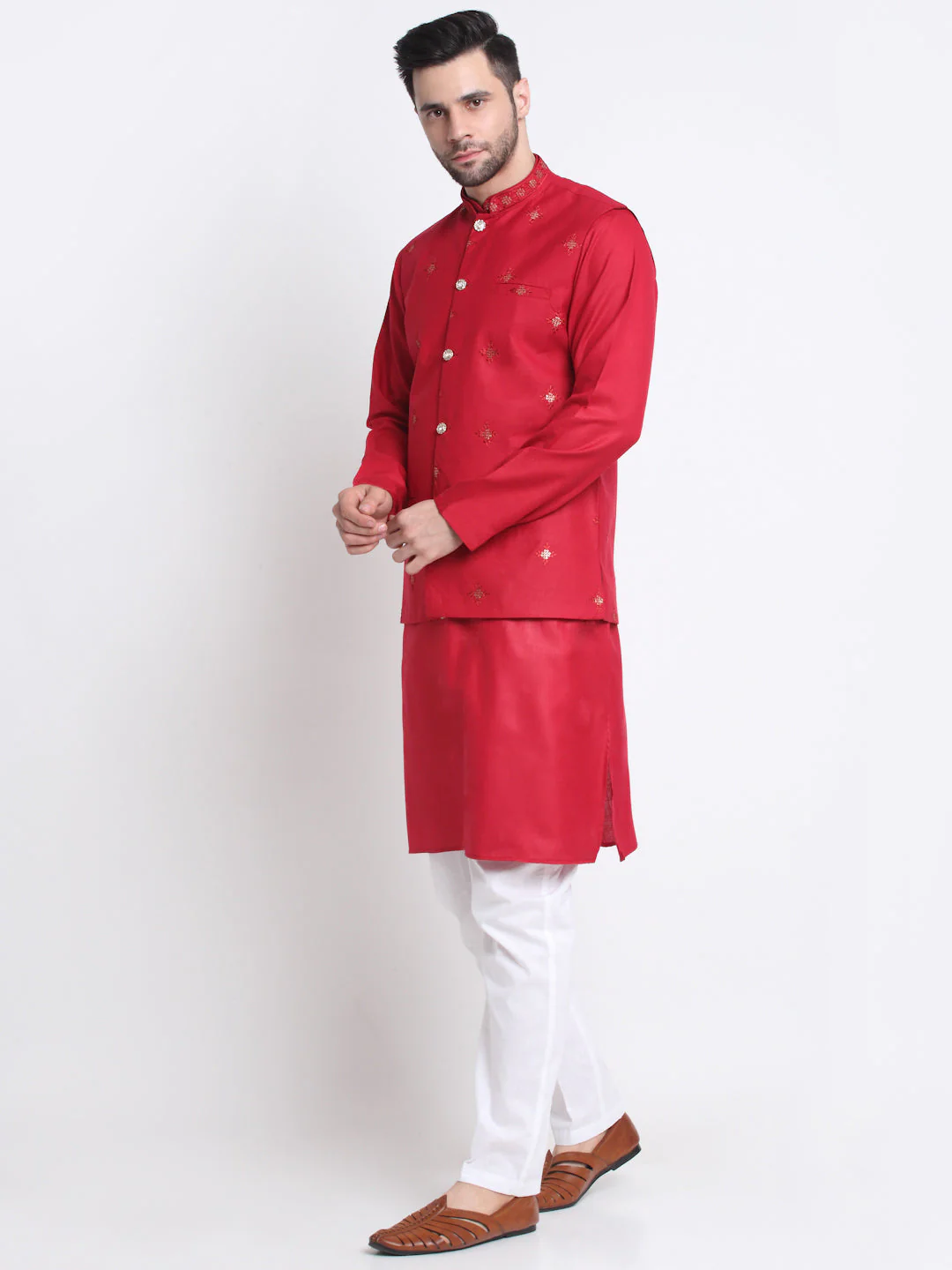 KRAFT INDIA Men's Cotton Blend Solid Kurta and White Elastic Waistband Pyjama With Cotton Embroided Sequenced Nehru Jacket - Image 187