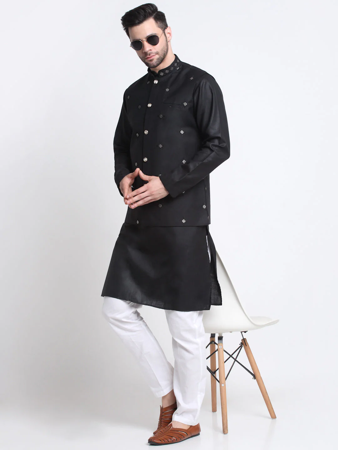 KRAFT INDIA Men's Cotton Blend Solid Kurta and White Elastic Waistband Pyjama With Cotton Embroided Sequenced Nehru Jacket - Image 218