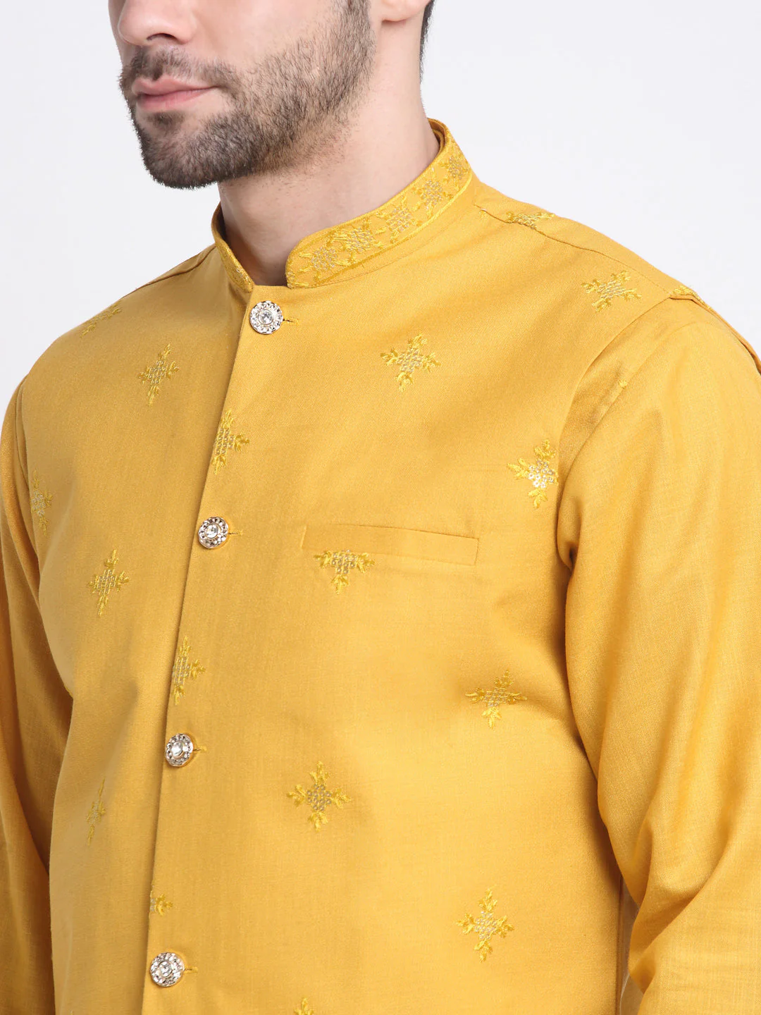 KRAFT INDIA Men's Cotton Blend Solid Kurta and White Elastic Waistband Pyjama With Cotton Embroided Sequenced Nehru Jacket - Image 22