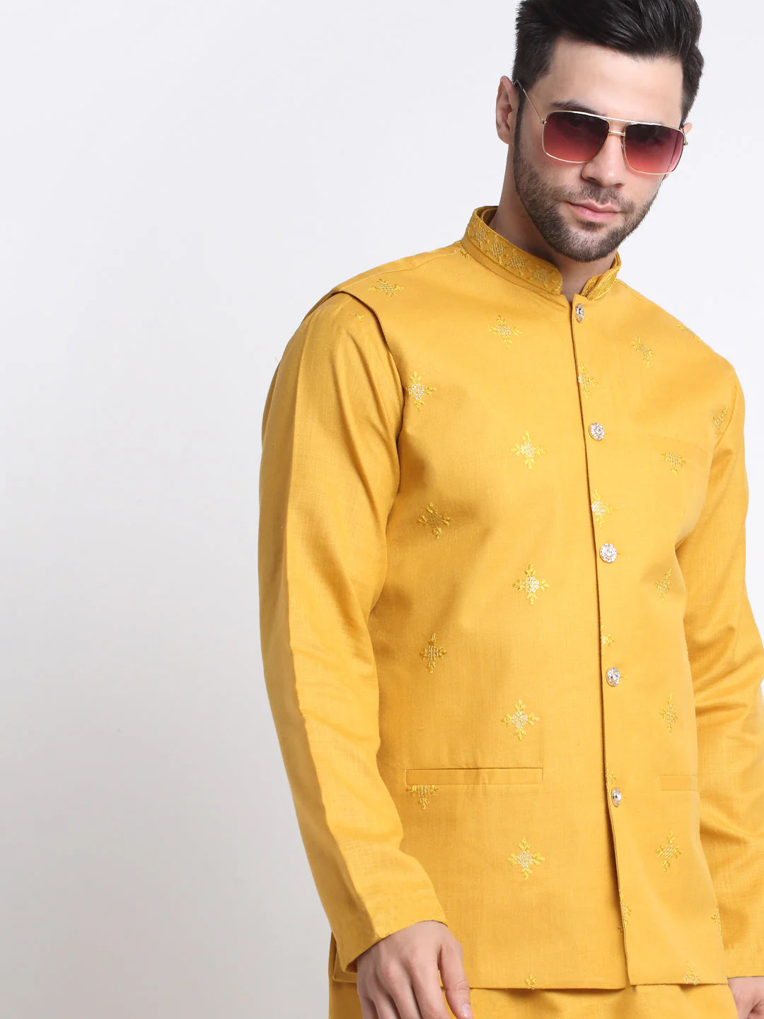 KRAFT INDIA Men's Cotton Blend Solid Kurta and White Elastic Waistband Pyjama With Cotton Embroided Sequenced Nehru Jacket - Image 24