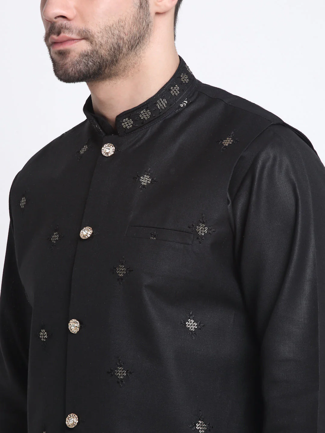 KRAFT INDIA Men's Cotton Blend Solid Kurta and White Elastic Waistband Pyjama With Cotton Embroided Sequenced Nehru Jacket - Image 3