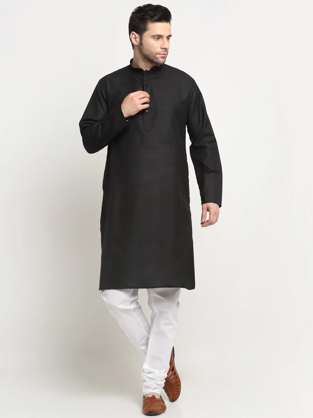 KRAFT INDIA Men's Cotton Blend Solid Kurta and White Elastic Waistband Pyjama With Cotton Embroided Sequenced Nehru Jacket - Image 4