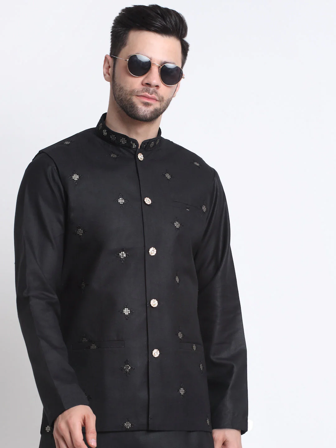 KRAFT INDIA Men's Cotton Blend Solid Kurta and White Elastic Waistband Pyjama With Cotton Embroided Sequenced Nehru Jacket - Image 5