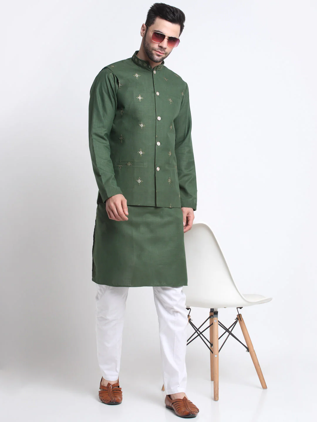 KRAFT INDIA Men's Cotton Blend Solid Kurta and White Elastic Waistband Pyjama With Cotton Embroided Sequenced Nehru Jacket - Image 55