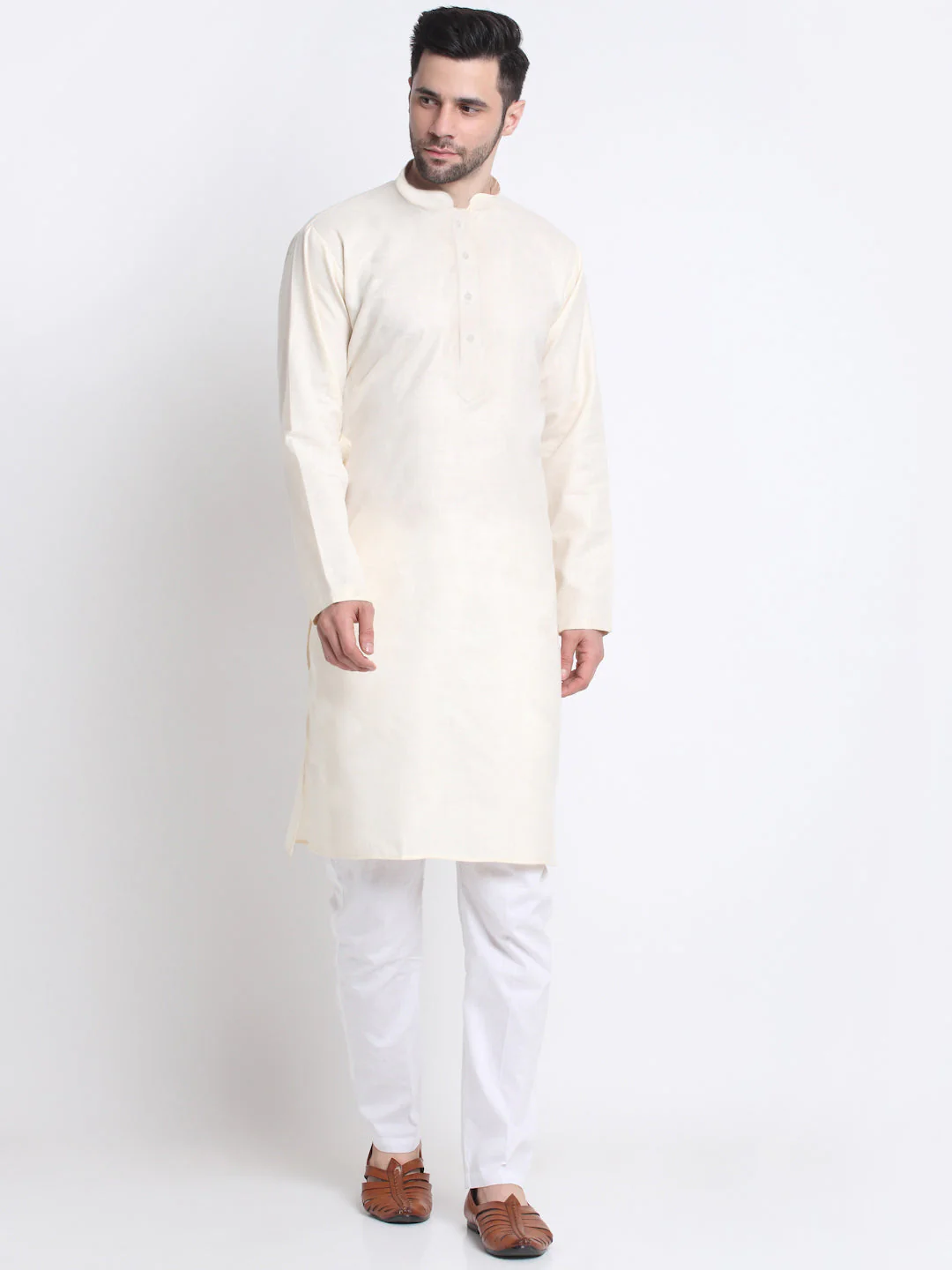 KRAFT INDIA Men's Cotton Blend Solid Kurta and White Elastic Waistband Pyjama With Cotton Embroided Sequenced Nehru Jacket - Image 9