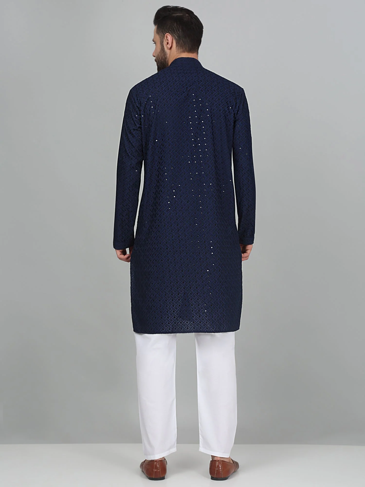 KRAFT INDIA Men's Cotton Embroided Chikankari Sequined Kurta with Elastic Waistband Pyjama Set - Image 13