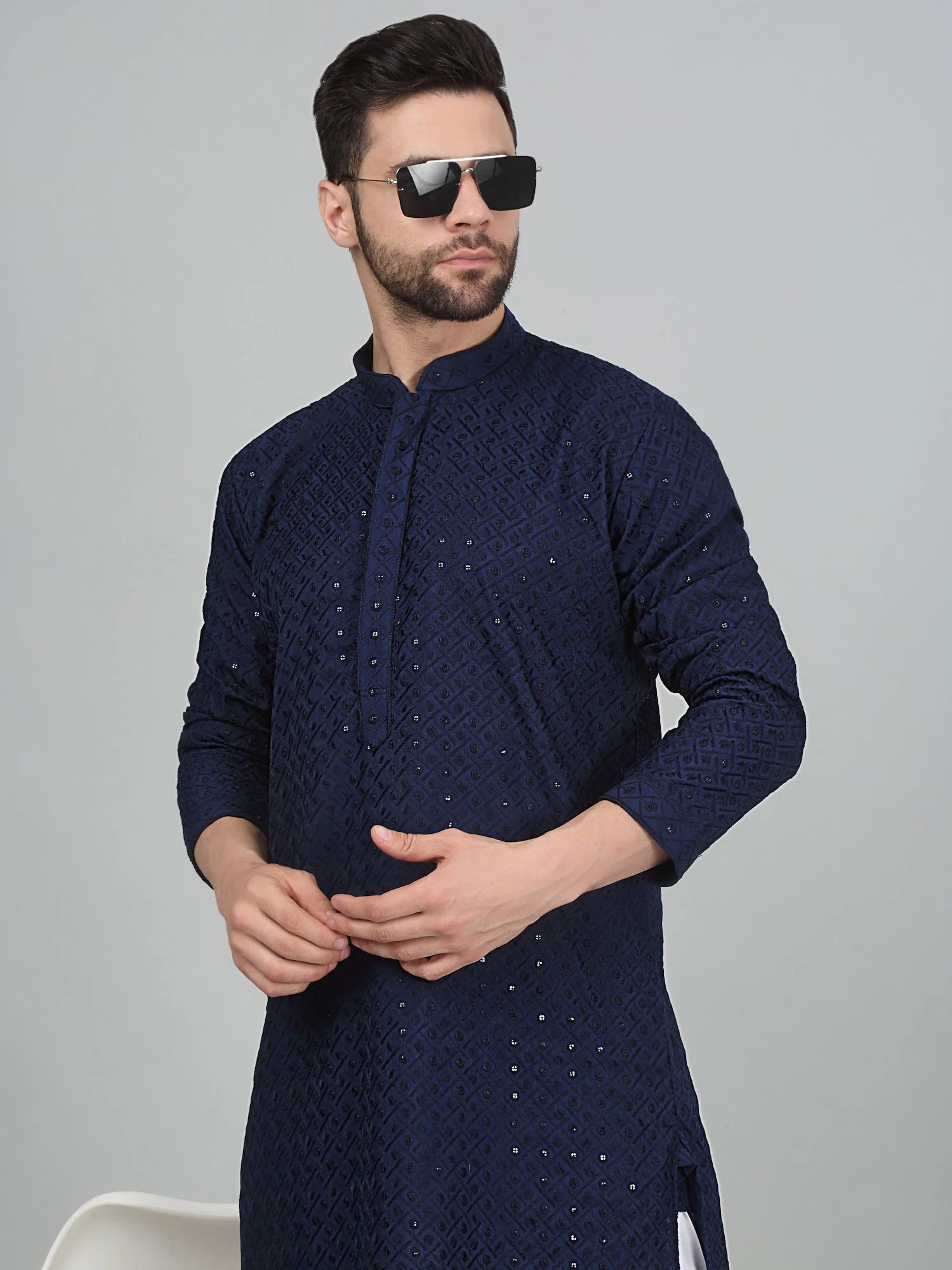 KRAFT INDIA Men's Cotton Embroided Chikankari Sequined Kurta with Elastic Waistband Pyjama Set - Image 15