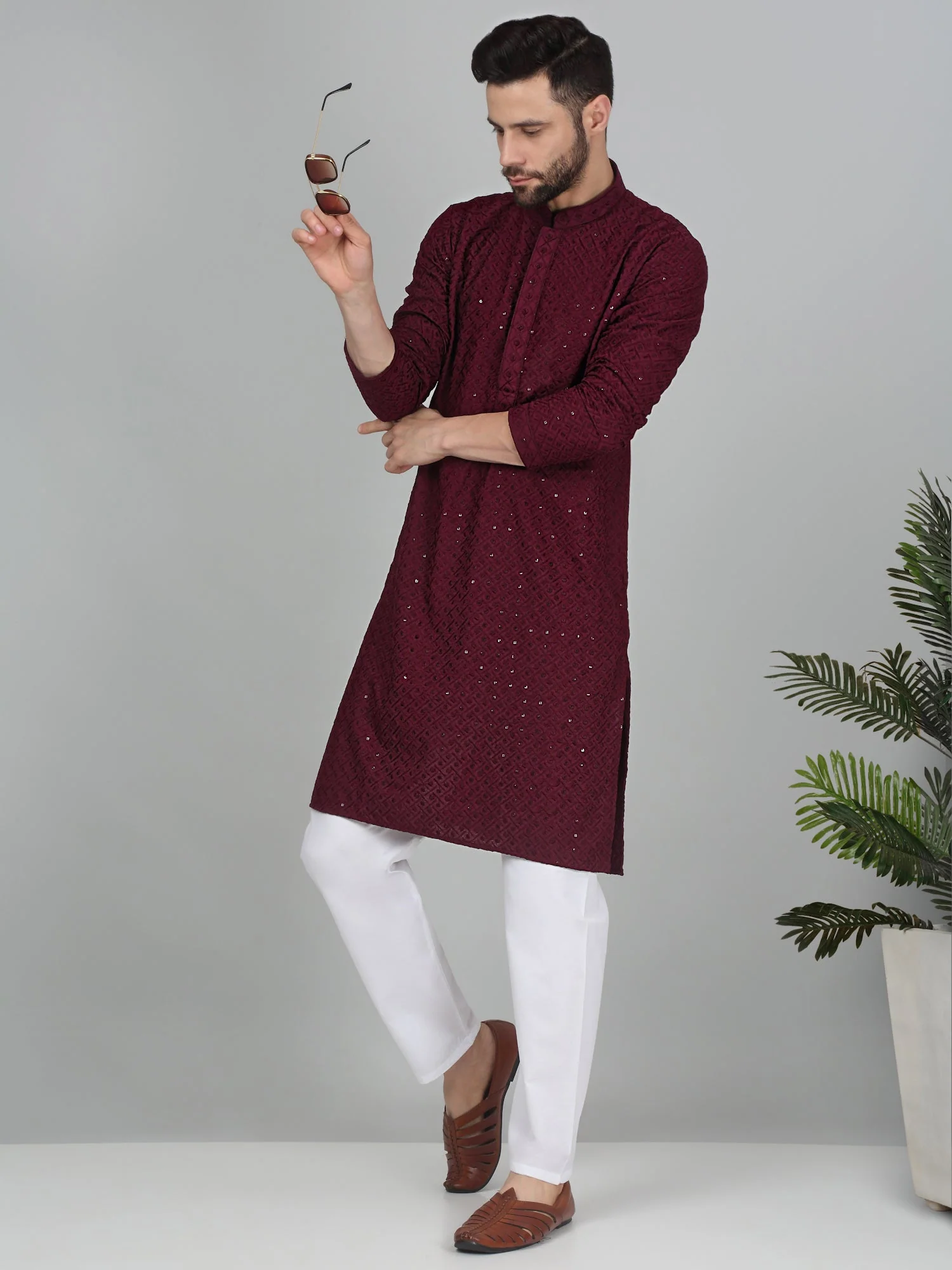 KRAFT INDIA Men's Cotton Embroided Chikankari Sequined Kurta with Elastic Waistband Pyjama Set - Image 16