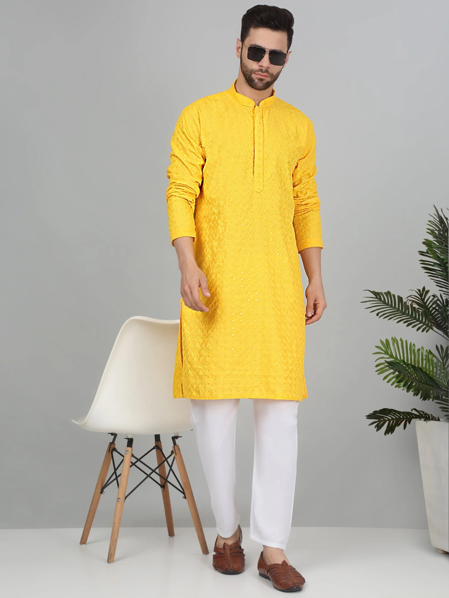 KRAFT INDIA Men's Cotton Embroided Chikankari Sequined Kurta with Elastic Waistband Pyjama Set - Image 20