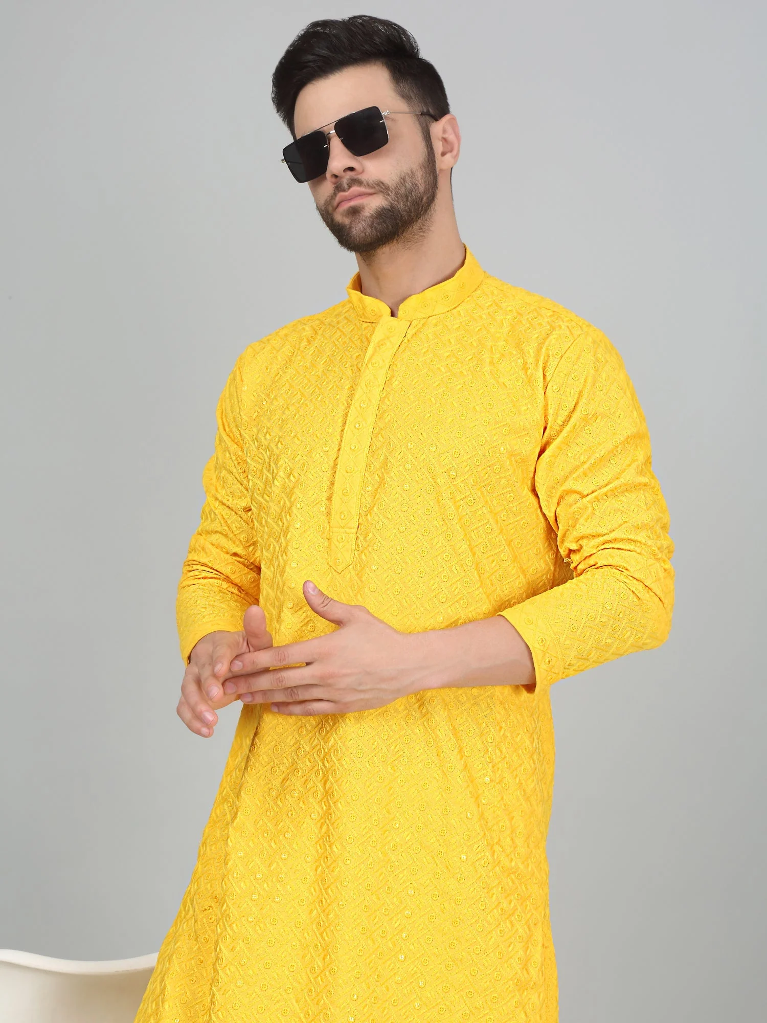 KRAFT INDIA Men's Cotton Embroided Chikankari Sequined Kurta with Elastic Waistband Pyjama Set - Image 24