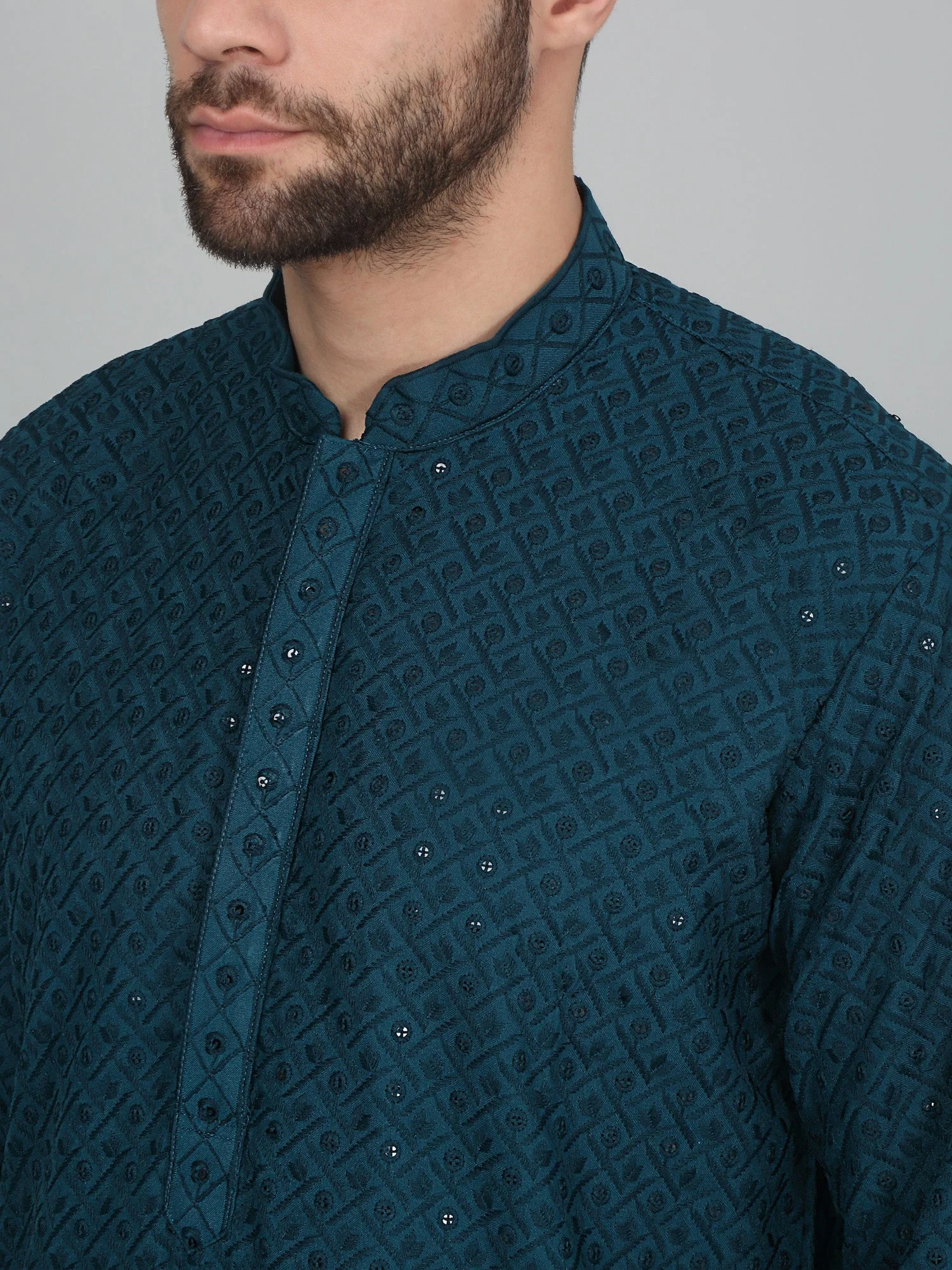 KRAFT INDIA Men's Cotton Embroided Chikankari Sequined Kurta with Elastic Waistband Pyjama Set - Image 7