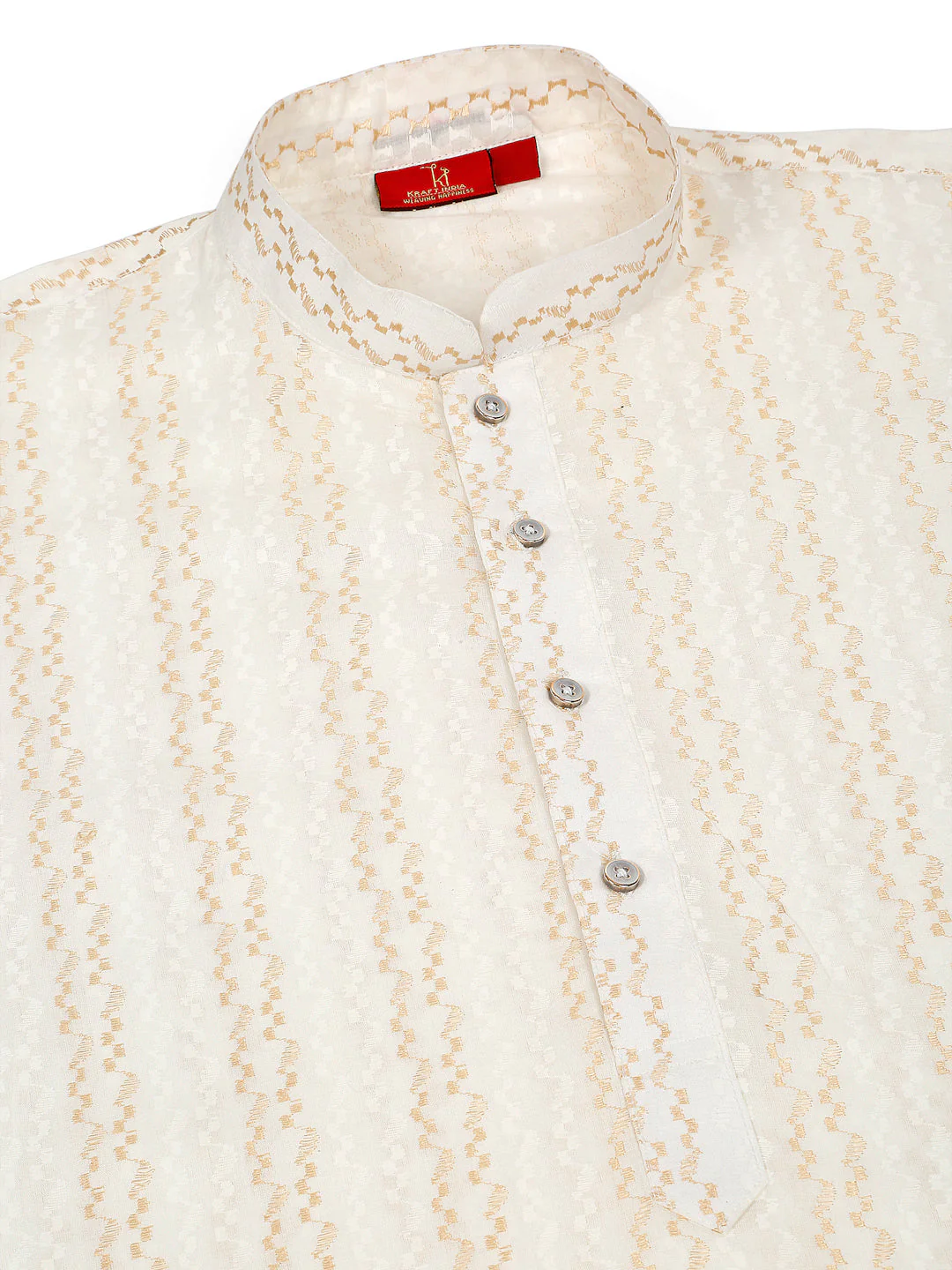 KRAFT INDIA Men's Cotton Embroidered Chevron Cream Gold Pathani Kurta With White Salwar Set - Image 11