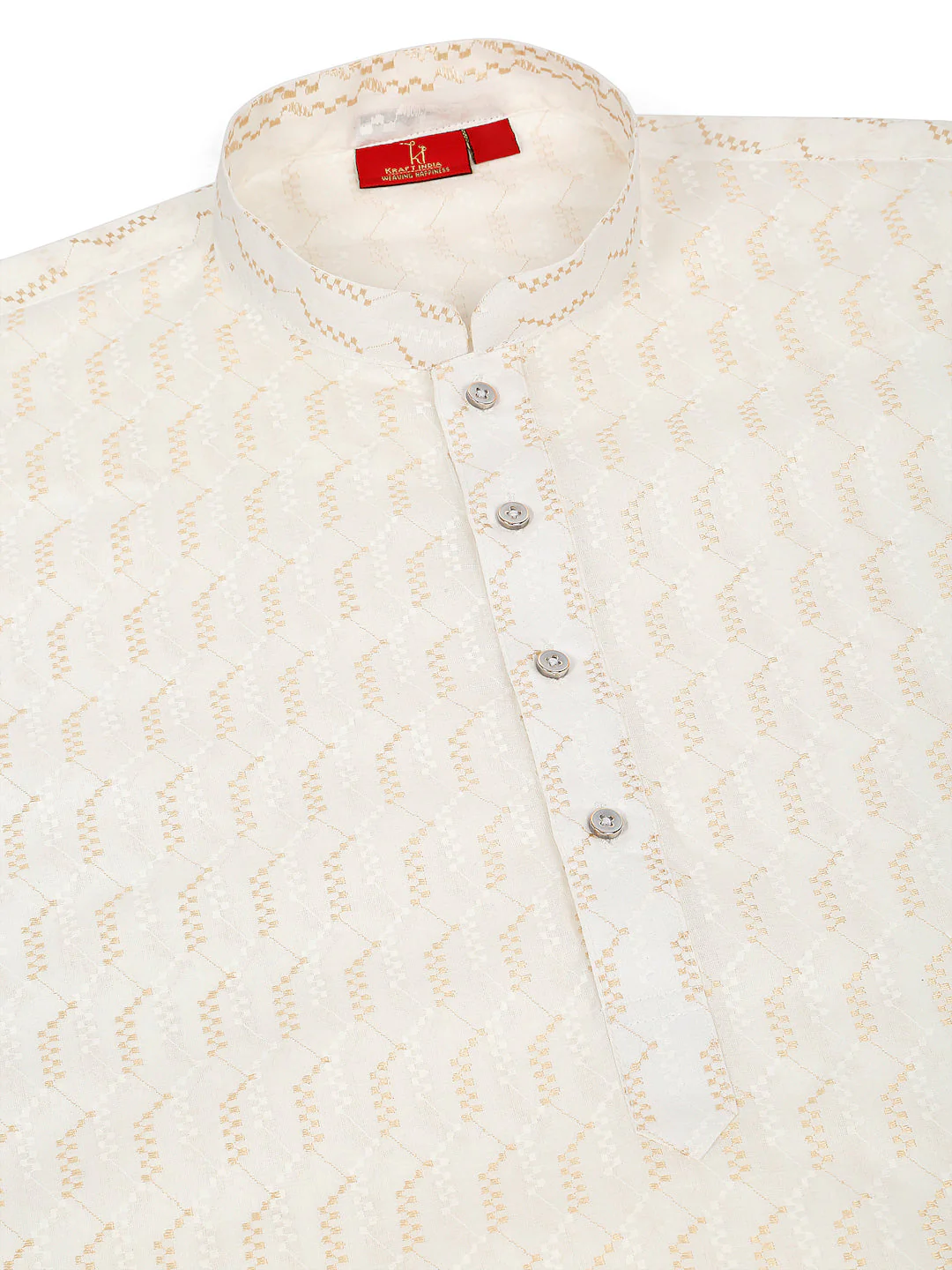 KRAFT INDIA Men's Cotton Embroidered Chevron Cream Gold Pathani Kurta With White Salwar Set - Image 17