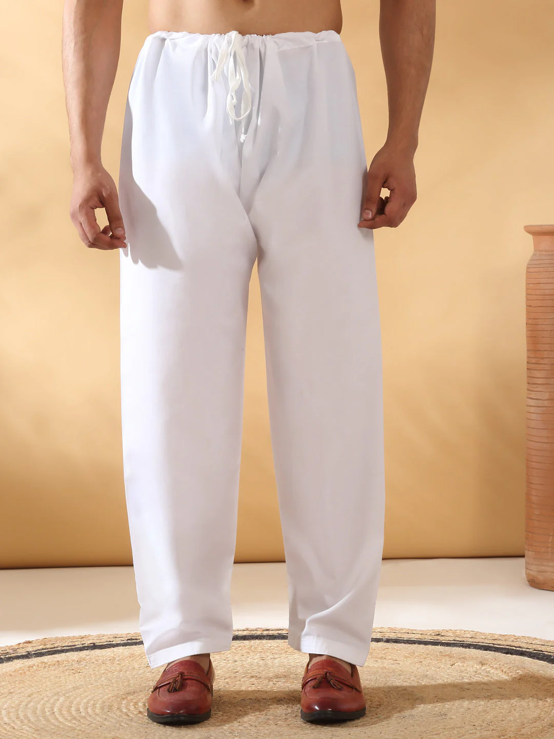 KRAFT INDIA Men's Cotton Embroidered Chevron Cream Gold Pathani Kurta With White Salwar Set - Image 18