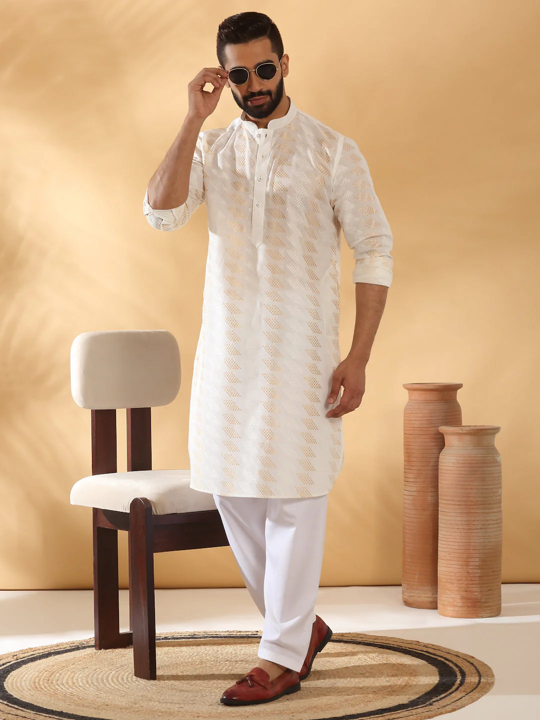 KRAFT INDIA Men's Cotton Embroidered Chevron Cream Gold Pathani Kurta With White Salwar Set - Image 19